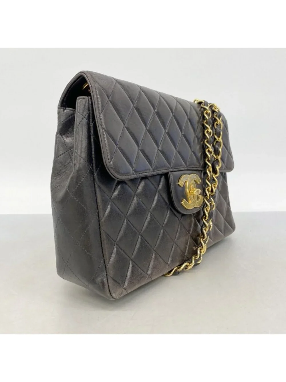 Chanel Shoulder Bag Maxi Quilted Lambskin Black Gold